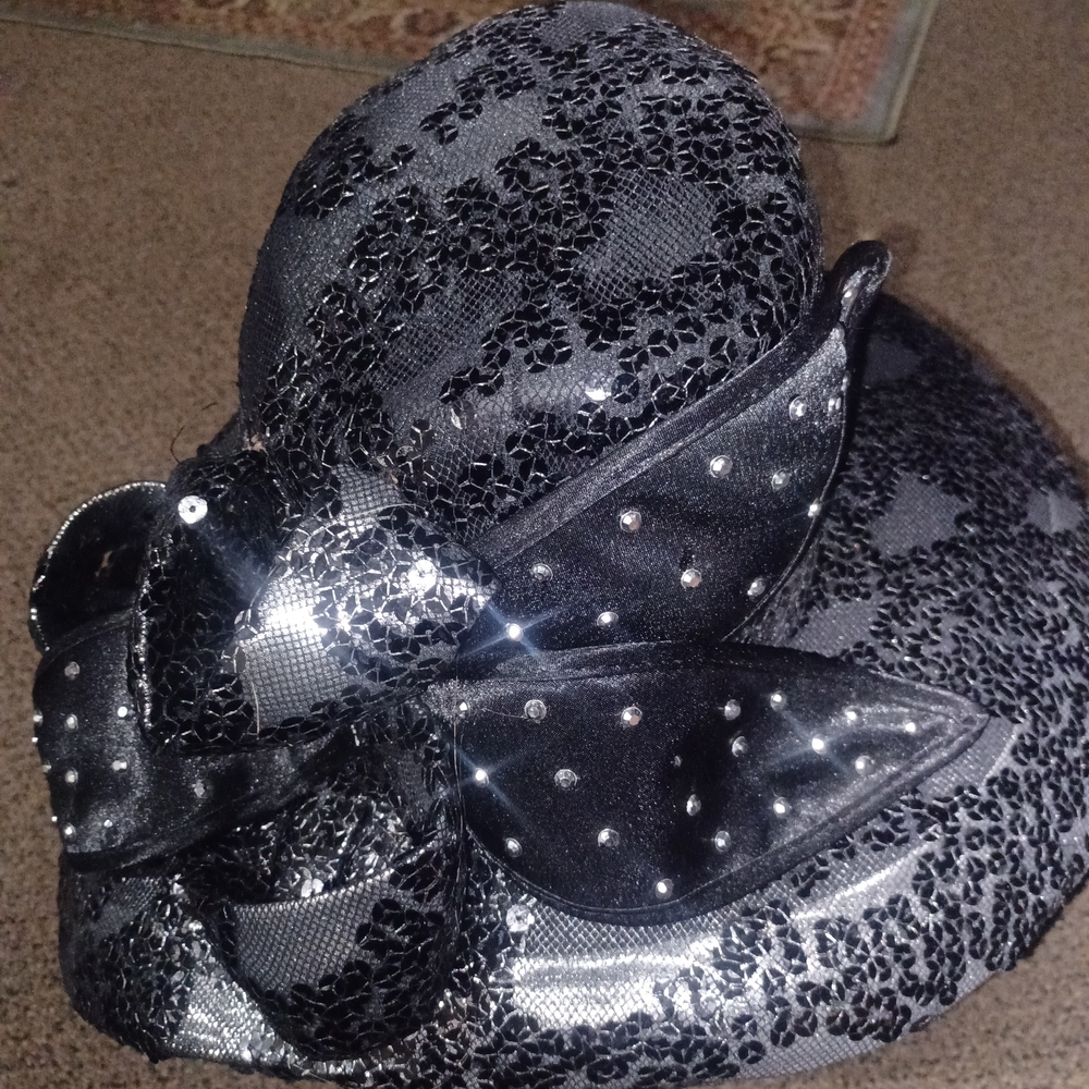 Elegant Black Wide-Brim Hat with Lace Overlay